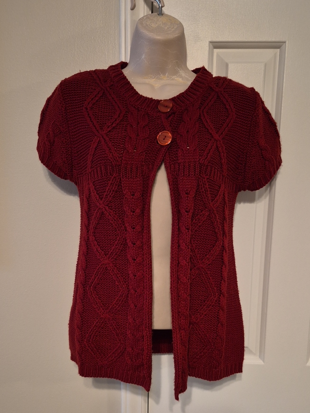 Kim Rogers Short-Sleeve Cable Knit Cardigan - Burgundy
